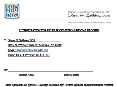 Dental Records Release Form Dr. Steven Goldstein Dentist Scottsdale, AZ